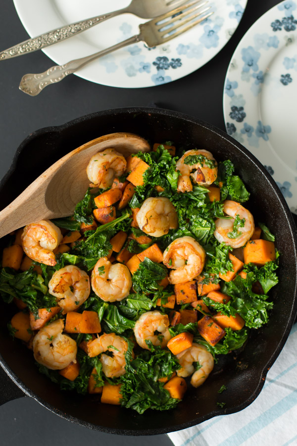 Sweet-potato-Kale-and-Shrimp-skillet